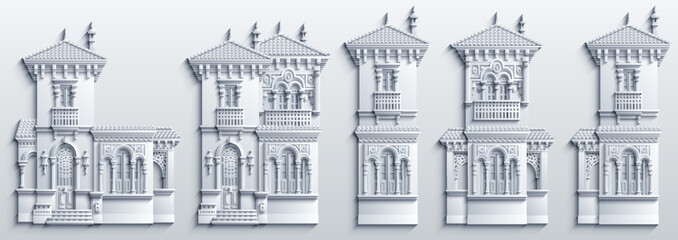 Obraz premium Monochrome paper-cut style collection of ornate Middle Eastern architectural facades and elements with arches, balconies, and tiled roofs, arranged as a decorative 3D relief set.