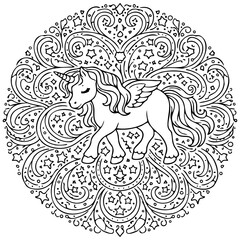 Fototapeta premium Starry Swirl, Mystic Pearl – Winged Unicorn Mandala Coloring Whirl