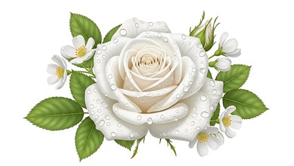 A beautiful white rose surrounded by delicate white flowers and lush green leaves isolated on white background