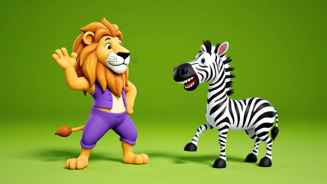 Animated cartoon lion and zebra characters interacting on green background stock video animation