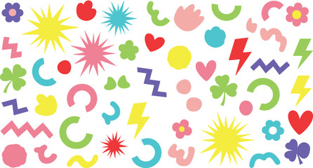 A colorful and playful illustration featuring various fun shapes and symbols on a white background