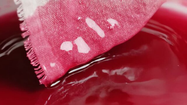 Close-up of white fabric being dipped into red dye solution. Textile absorbing color liquid. Dyeing process concept