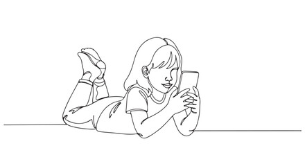 A delightful continuous line drawing illustrates a young child enjoying a mobile device while lying down