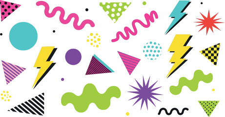 A colorful and playful graphic design featuring various shapes and patterns on a white background.