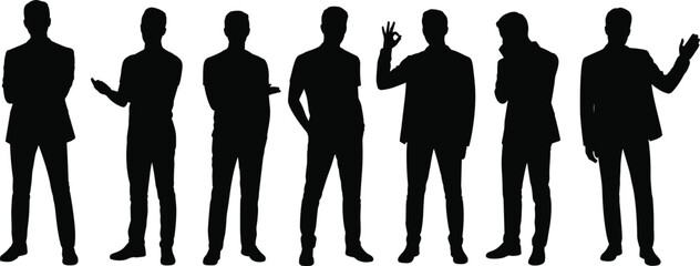 Business men silhouette set in different poses, corporate male figures standing isolated on white background flat vector illustration collection