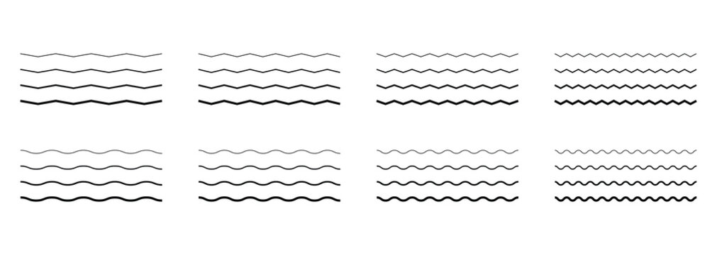 Set of wavy zigzag lines. Wave thin line background.Water waves line set.Set of wavy - curvy and zigzag - criss cross horizontal lines.