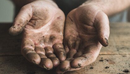 worn and dirty hands of a manual worker