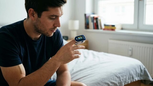 Caucasian man using a pulse oximeter checking his oxygen saturation and heart rate at home as a health care concept.