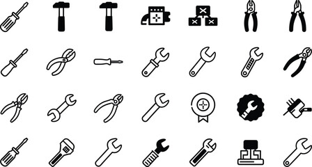 Fototapeta premium Large collection of hand tool vector icons featuring screwdrivers wrenches pliers and hammers in both solid and outline styles for hardware repair and construction branding