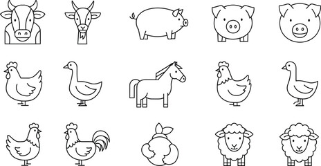 Vector set of farm animal icons featuring cow goat pig chicken horse sheep and rooster in a clean black and white line art style for children's education and rural branding © Sumona