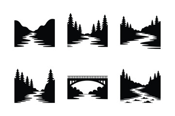 Obraz premium River and Forest Landscape Icons with Bridge