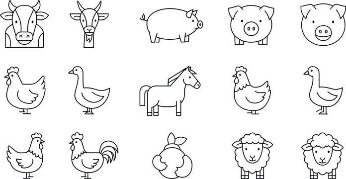 Vector set of farm animal icons featuring cow goat pig chicken horse sheep and rooster in a clean black and white line art style for children's education and rural branding