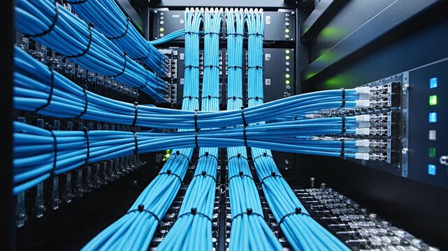 Blue network cables connected to server racks in modern data center