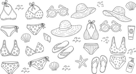 Comprehensive collection of summer beach fashion vector elements featuring bikinis sun hats sunglasses flip flops and sea shells in black and white line art style for vacation stickers and coloring