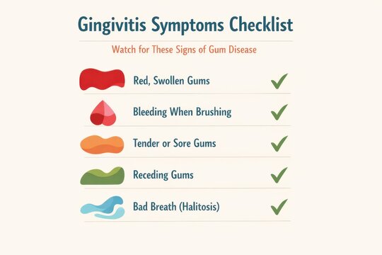 Common gingivitis symptoms to monitor for gum disease. It includes red gums, bleeding, and bad breath as key signs.