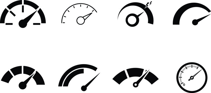 Speedometer and Tachometer Icon Set, Fast Performance and Speed Indicator Symbols, Flat Simple