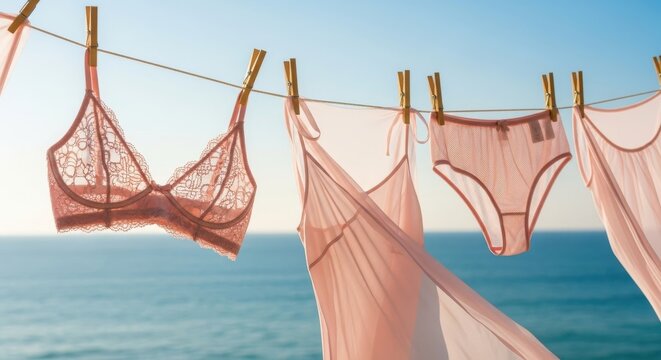 Pink lingerie hanging on a clothesline by the sea