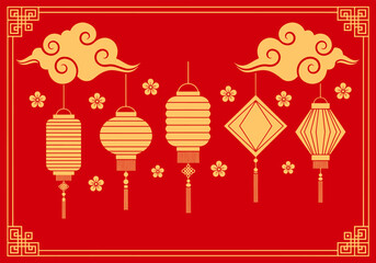 Traditional Lanterns, Decorative Cloud Motifs, and Geometric Border Patterns