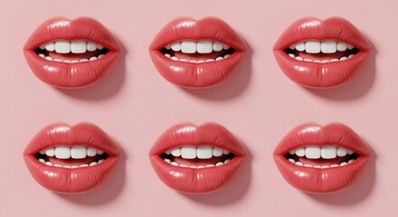 Obraz premium A group of lips with white teeth on pink background
