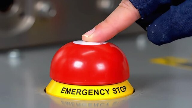 Person pressing emergency stop button on industrial machinery with finger