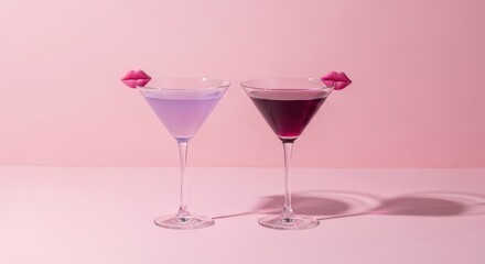 Two pink cocktails with flower garnish on a pink background