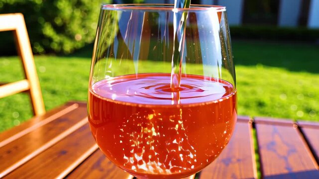 Macro shot of pale pink rose wine being poured into a glass in a sunlit garden, swirling liquid creating dancing reflections on the wooden table surface.