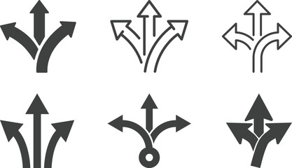 Navigation direction arrows icon set collection with multiple path choices, decision making and road fork symbols in blue and gray isolated on white background vector. © MA VECTOR