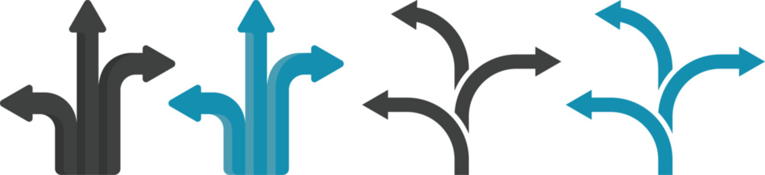 Navigation direction arrows icon set collection with multiple path choices, decision making and road fork symbols in blue and gray isolated on white background vector.