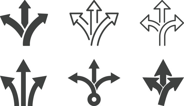 Navigation direction arrows icon set collection with multiple path choices, decision making and road fork symbols in blue and gray isolated on white background vector.