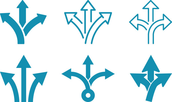 Navigation direction arrows icon set collection with multiple path choices, decision making and road fork symbols in blue and gray isolated on white background vector.
