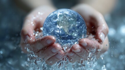 Las manos de una mujer joven sostienen una esfera de agua que tiene el planeta tierra dibujado