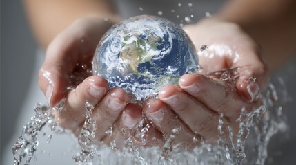 Las manos de una mujer joven sostienen una esfera de agua que tiene el planeta tierra dibujado