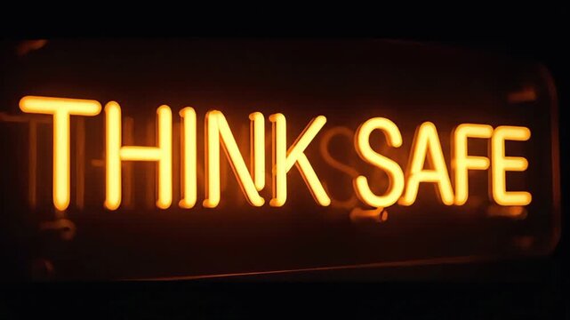 A neon sign displaying 'THINK SAFE' in bright orange letters against a dark background, viewed from a straight-on perspective.