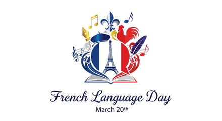 Fototapeta premium Celebrating French Language Day on March 20th with cultural symbols and linguistic elements in a vibrant graphic illustration