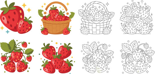 Playful collection of strawberry vector graphics including cute berry clusters baskets and decorative elements with sparkles in vibrant red and black © Sumona