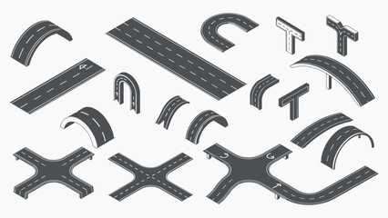 Isometric road vector icons intersections elevated bridges highway lanes © Md. Robin Hasan