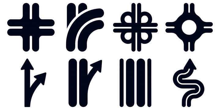 Road interchange icons highway traffic flow vector set signage