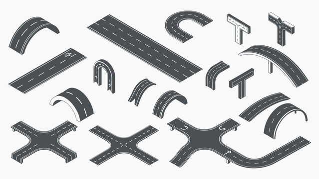 Isometric road vector icons intersections elevated bridges highway lanes