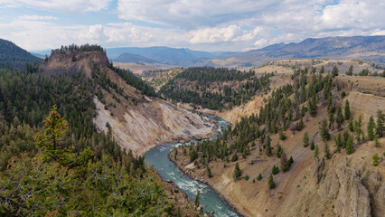 Scenic view of the Yellowstone River flowing through the Grand Canyon of the Yellowstone with steep cliffs and pine trees in Wyoming