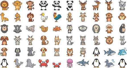 Mega collection of cute animal vector icons featuring panda lion monkey penguin and sea creatures in a kawaii chibi style perfect for children stickers educational materials  © Sumona