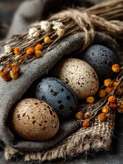 Obraz premium Rustic Easter eggs in linen cloth with pussy willow branches, cozy spring holiday still life