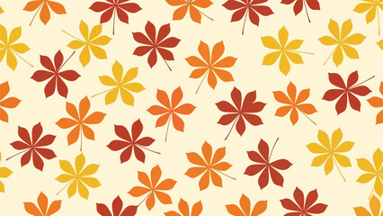 Fototapeta premium Pattern of red, orange, and yellow autumn leaves scattered on a light beige background, creating a warm, seasonal, and symmetrical design.