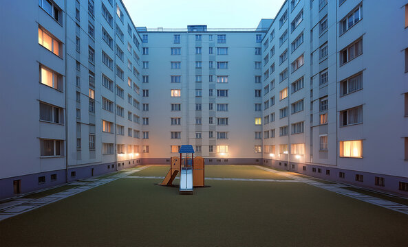 Empty playground slide centered in symmetrical apartment courtyard at dusk. Residential buildings with lit windows and geometric perspective create liminal space and backrooms atmosphere