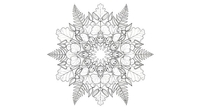 Intricate black and white mandala design with floral patterns.