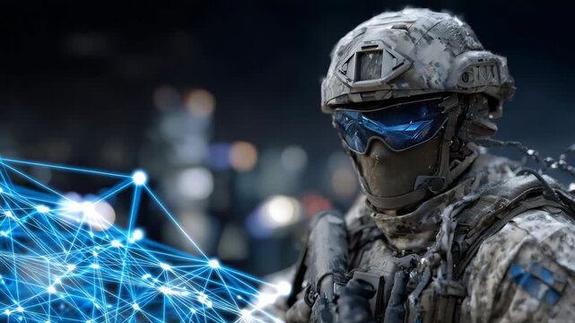342High-tech soldier in tactical combat gear, visor glowing with holographic network data, abstract digital grids and nodes filling background, futuristic cyber warfare concept, cinem