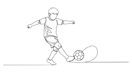 A Young Boy Kicking a Soccer Ball in a Minimalist Single-Line Drawing Illustration