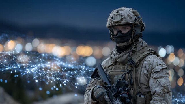 348Soldier in full digital tactical uniform, standing in front of abstract network visualization, glowing nodes, holographic interface elements hovering around, cinematic cyber-milita