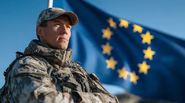 350Soldier in camouflage uniform standing in profile, EU flag fluttering dramatically behind, cinematic side lighting highlighting uniform textures, strong posture, wind-swept atmosph