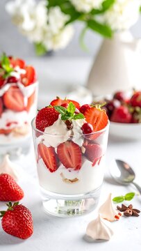 Strawberry parfaits in glasses, layered with cream and decorated with mint, sit on a bright white table