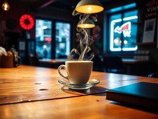 Fototapeta premium Wooden desk surface, coffee steam rising Winter cafe ambiance, stark shadows Flat lay , vintage, straight on